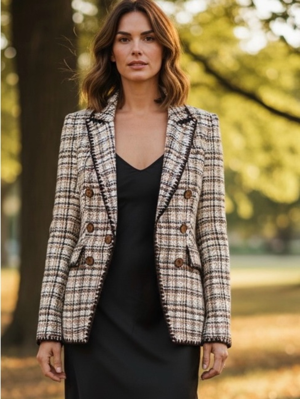 Veronica Beard Cream and Black Tweed Double-Breasted Blazer